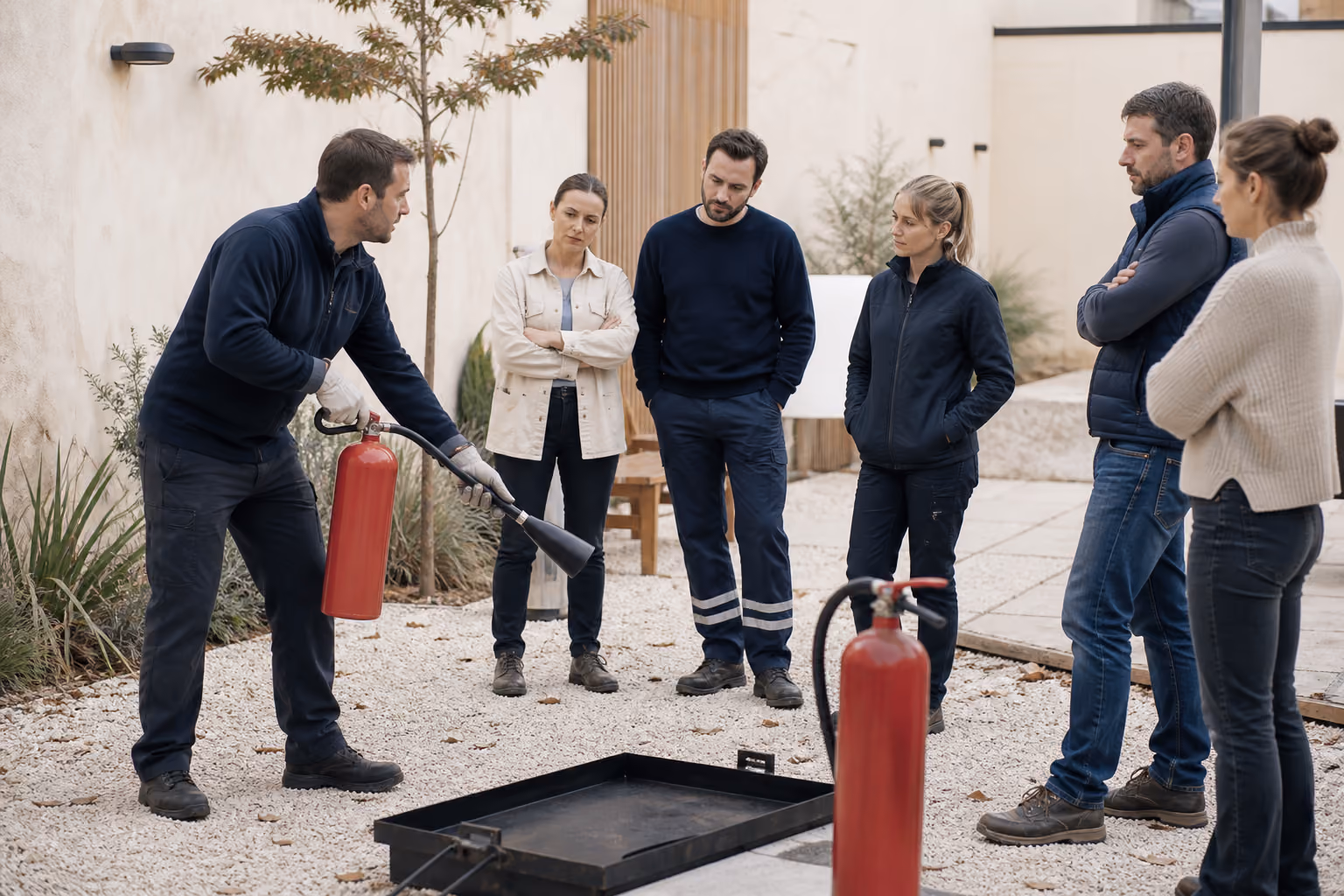 Photographie éditoriale de la formation : Manipulation des extincteurs (MDE, INTRA, 10 personnes).