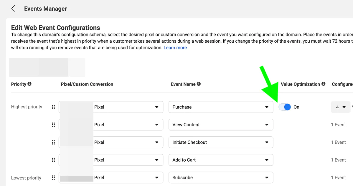 Configure value optimized events