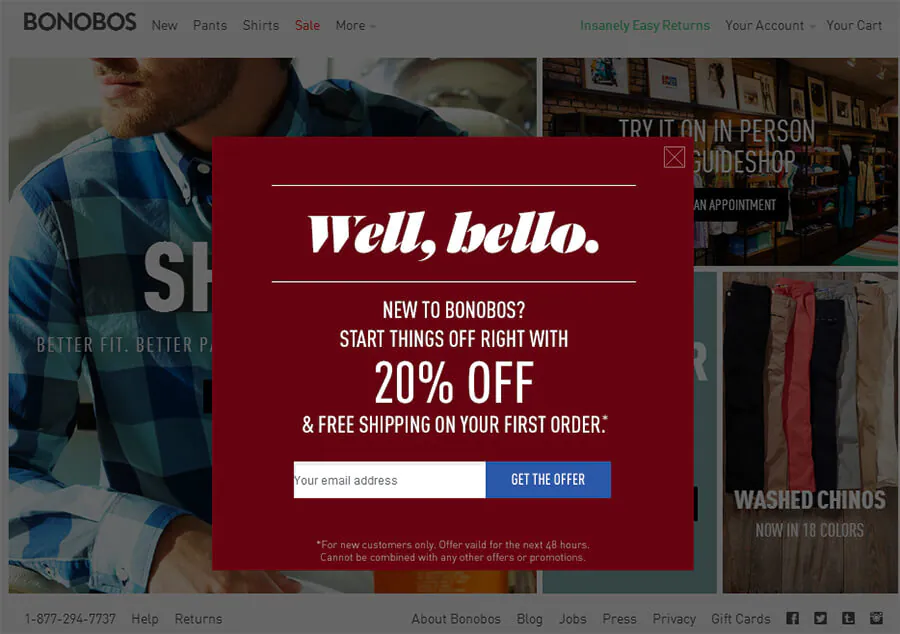 example of a welcome pop-up from Bonobos
