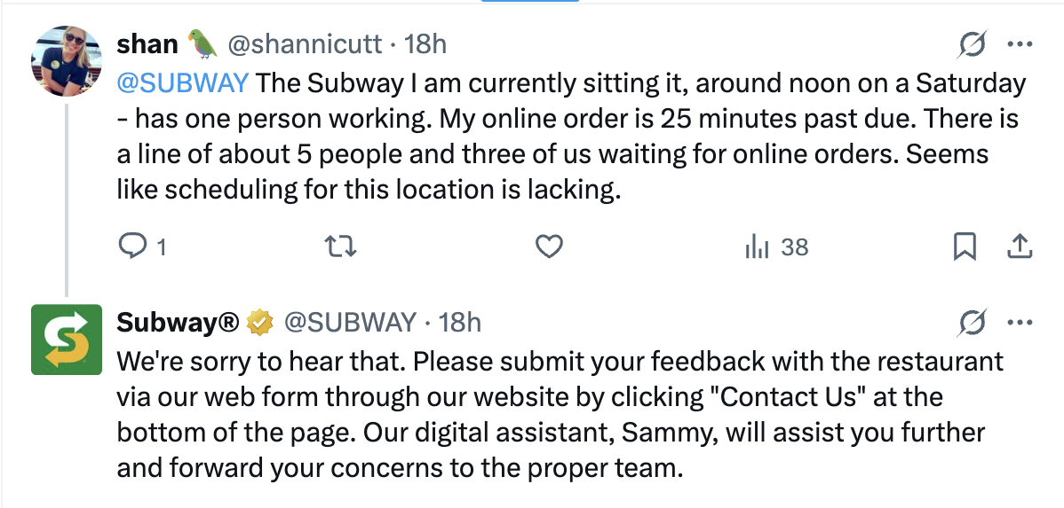 Social customer service with Subway example
