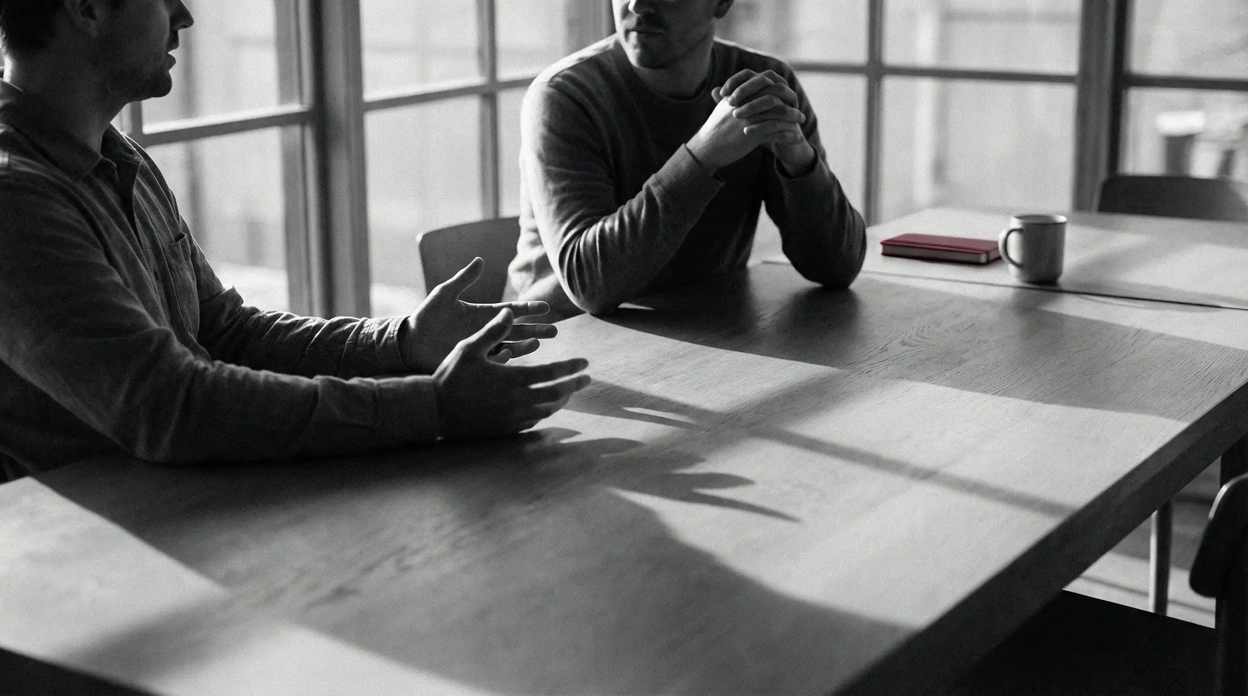 Two men having a serious conversation at a wooden table with a cup and a closed notebook.