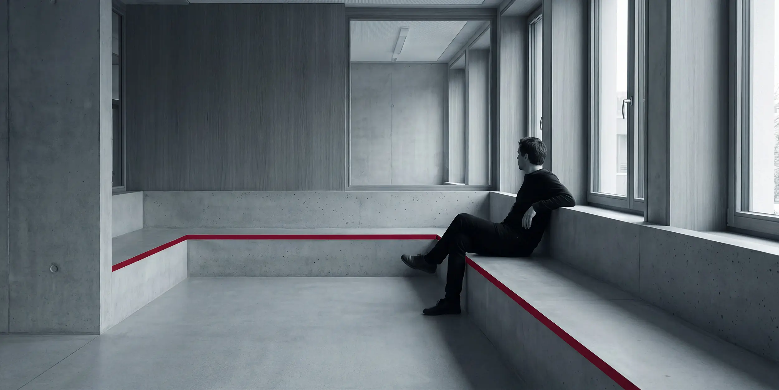 A man in black clothing sitting on a minimalist concrete bench with red edges, looking out large windows in a modern, empty room.