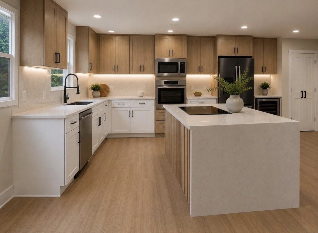Remodeled kitchen with warm wood uppers and a fluted island