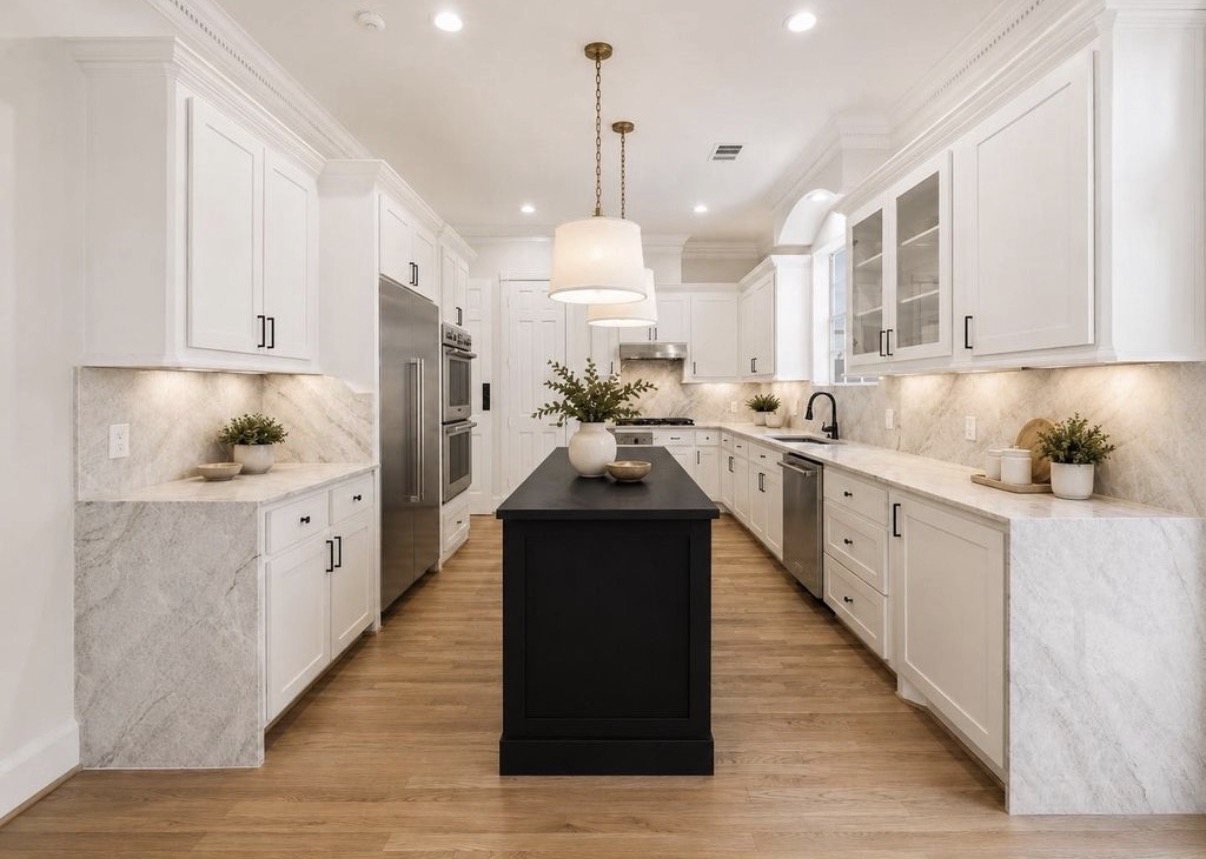Galley kitchen with white cabinetry and a black island
