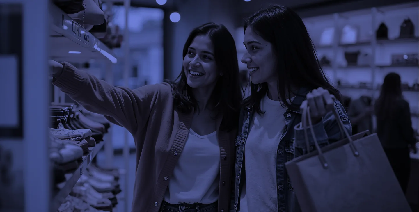 Two young women shopping together, one holding shopping bags and the other reaching towards a shelf with folded clothes and shoes.