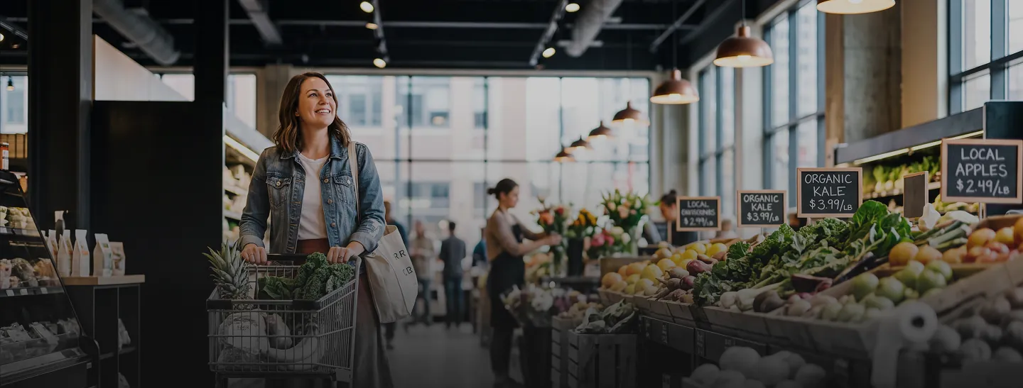 Woman pushing a shopping cart filled with fresh produce, including pineapples and kale, in a bright, modern grocery store with signs displaying prices for organic kale and local apples.