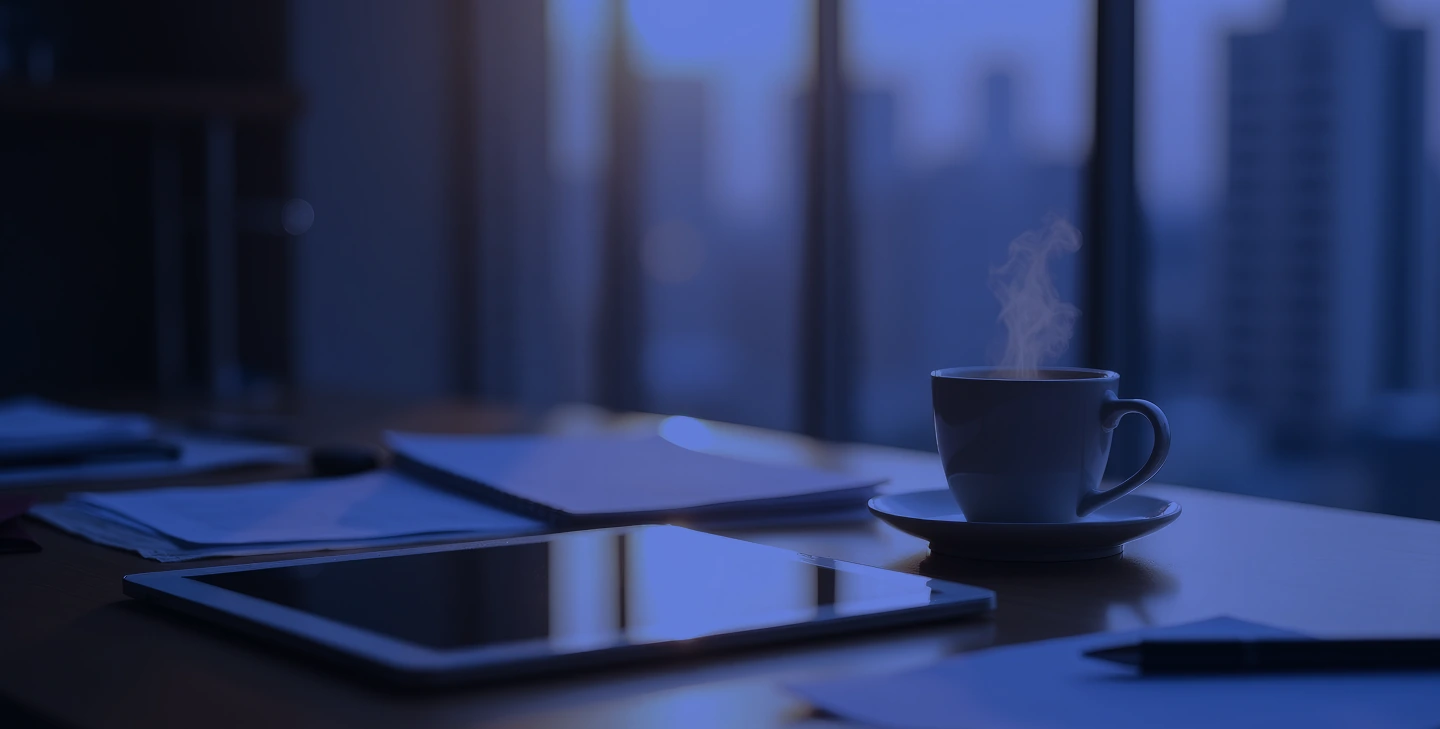 Tablet, notebook, and coffee cup on a desk beside a window overlooking a city skyline.