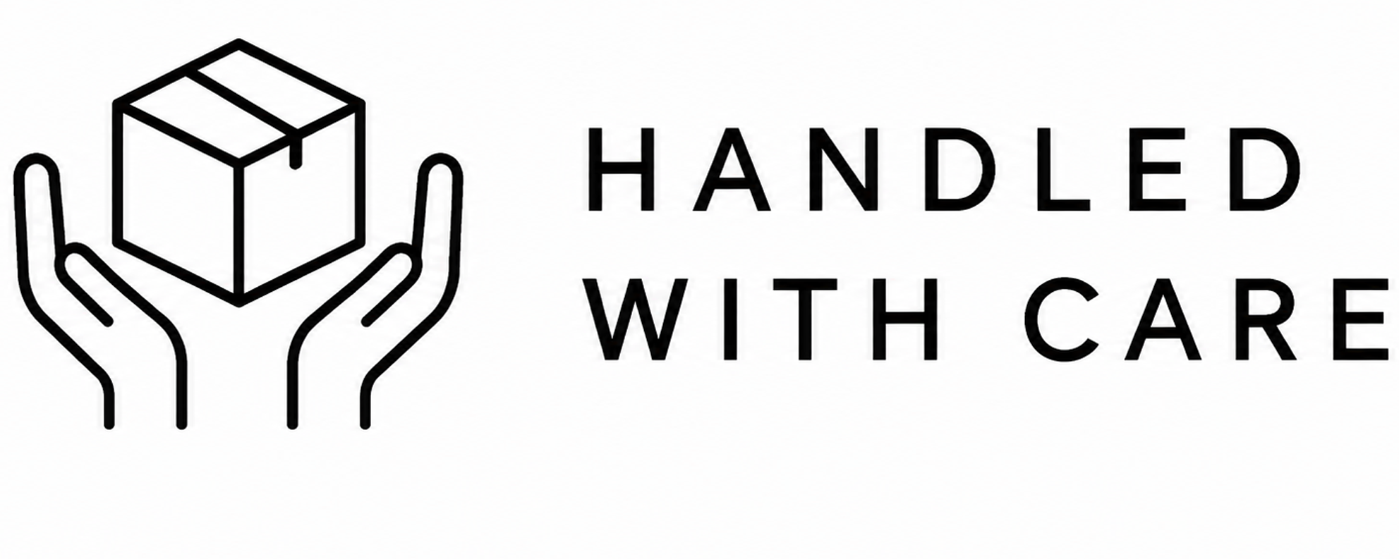 Two hands holding a box symbol with the text handled with care.