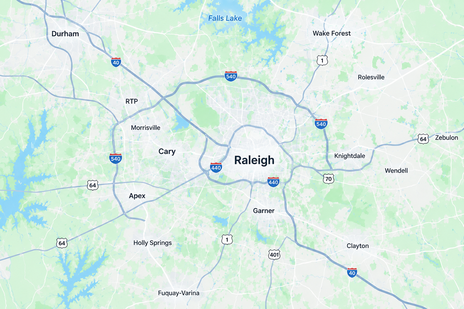 Map showing Raleigh, North Carolina, and nearby cities with highways I-40, I-540, and I-440.