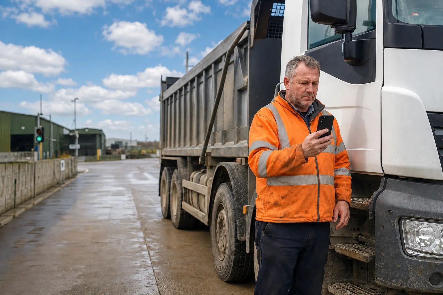Delivery driver using a mobile phone beside a European rigid truck