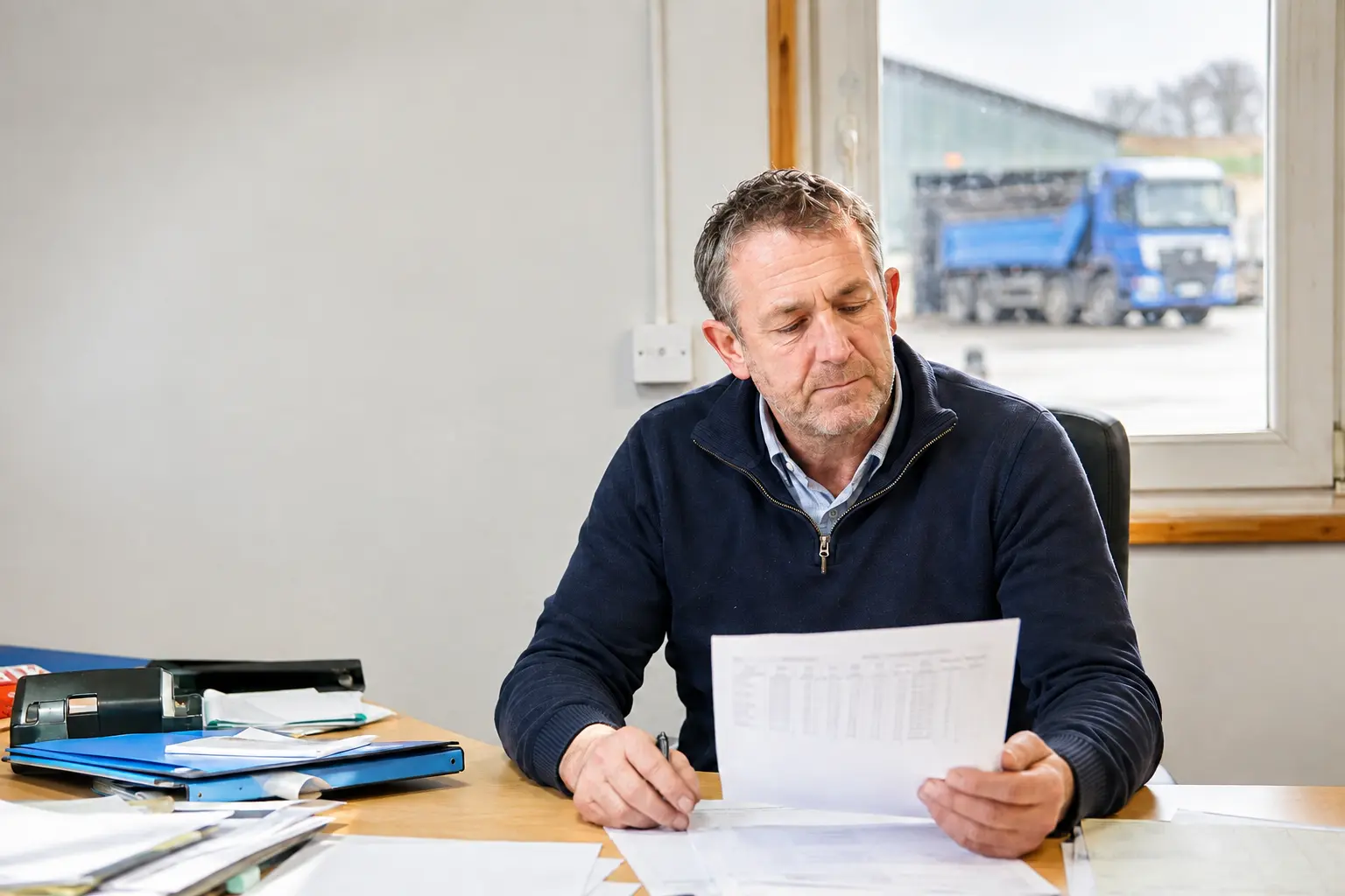 Tipper business owner reviewing delivery work in the office