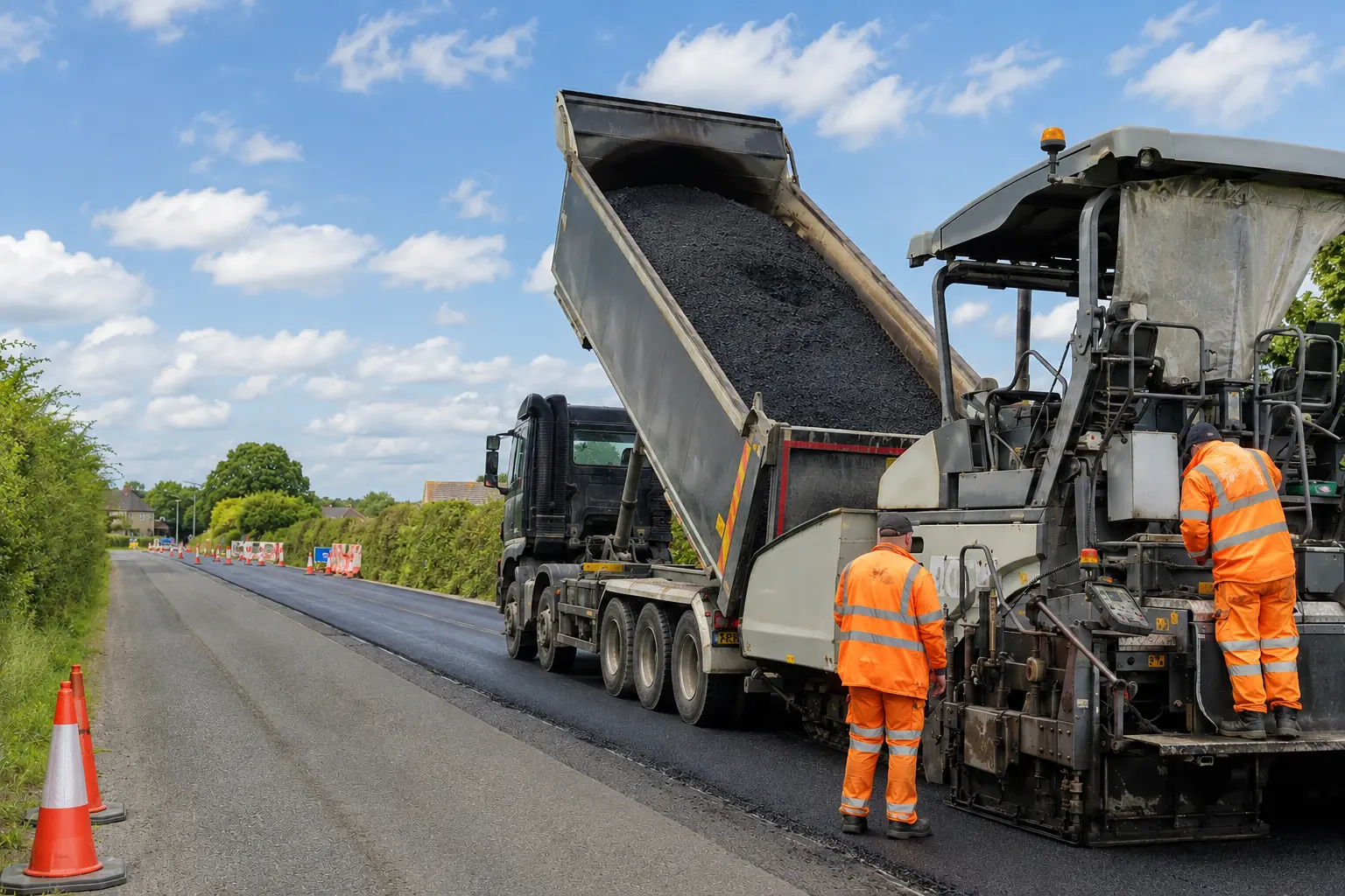 Excavator loading a European rigid tipper on an active earthworks site