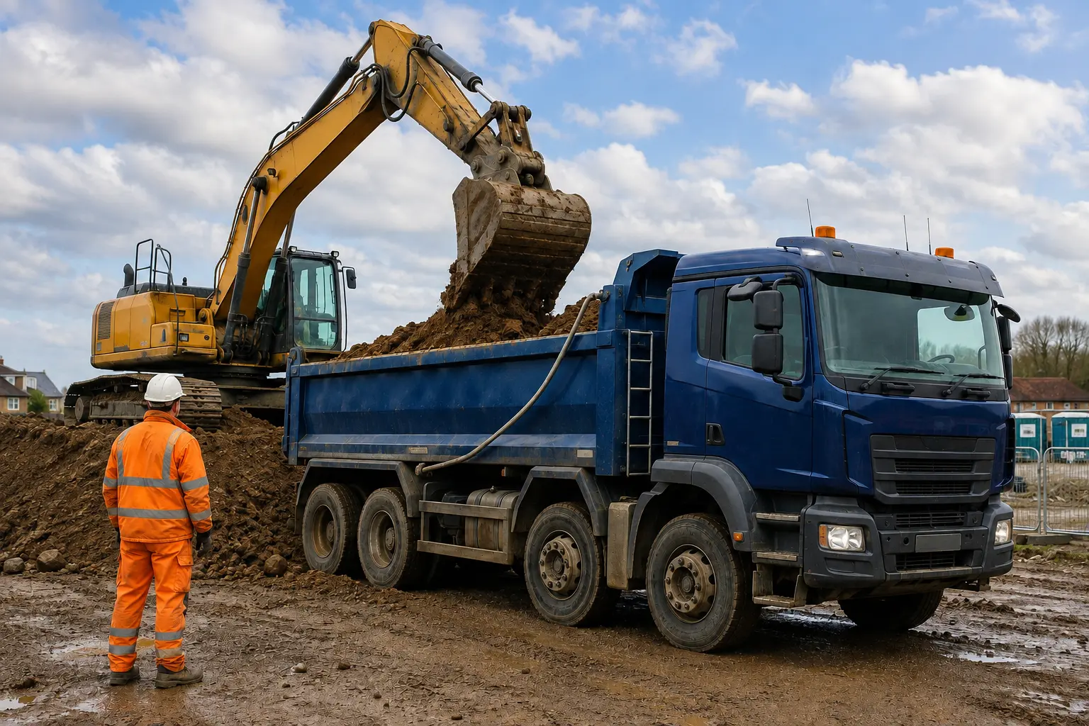 Excavator loading a European rigid tipper on an active earthworks site
