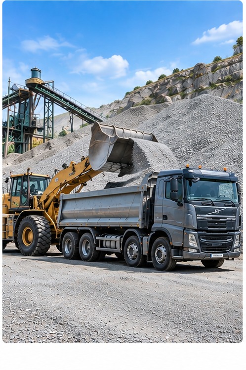 Wheel loader filling a European tipper with aggregate at a working quarry