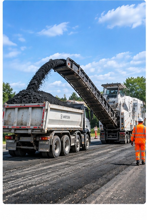 Road milling machine loading recovered planings into a tipper truck
