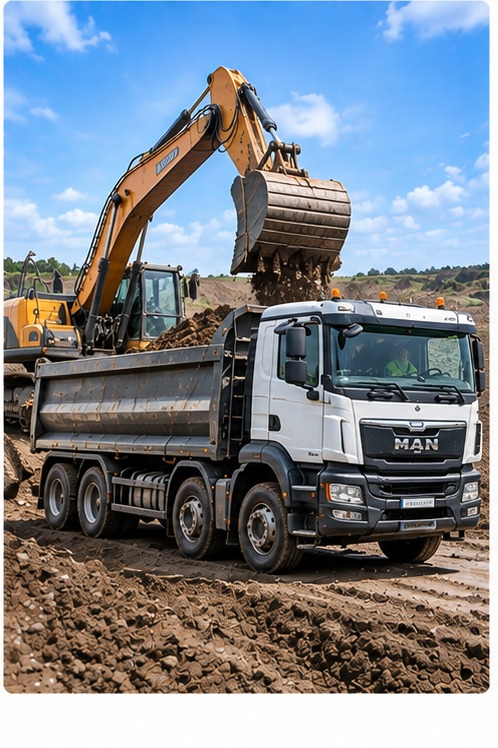 Excavator loading soil into a European rigid tipper on a muck-away job