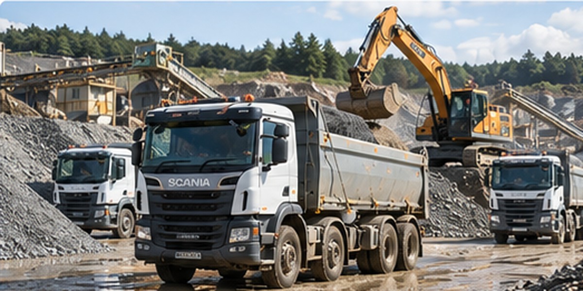 Tipper trucks working in a busy quarry