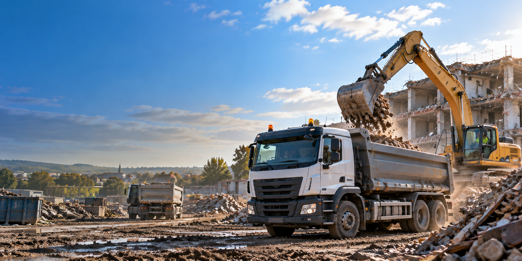 Excavator loading a European rigid tipper on an active earthworks site