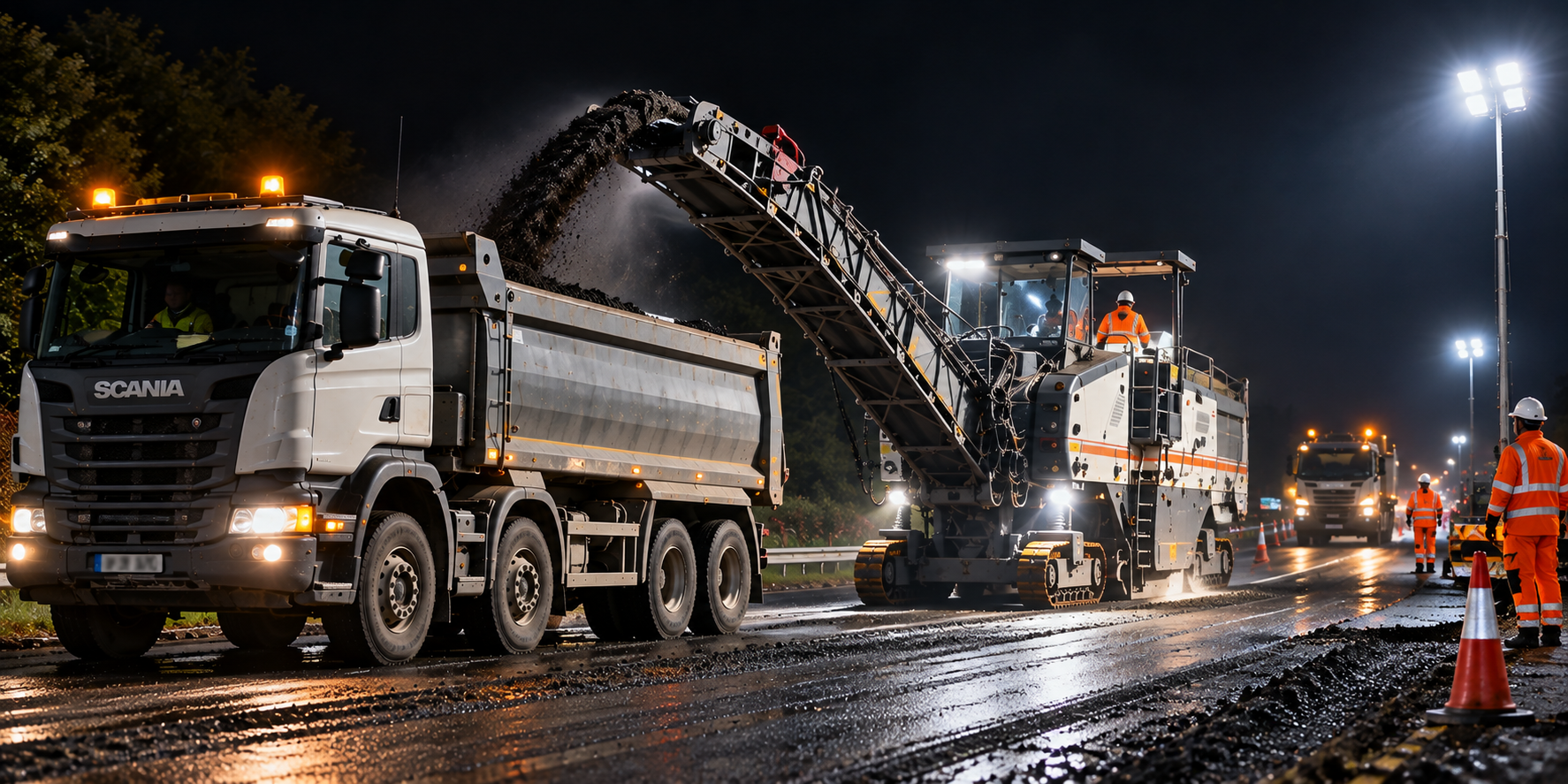 Night road-planing operation with a tipper being loaded by a road planer