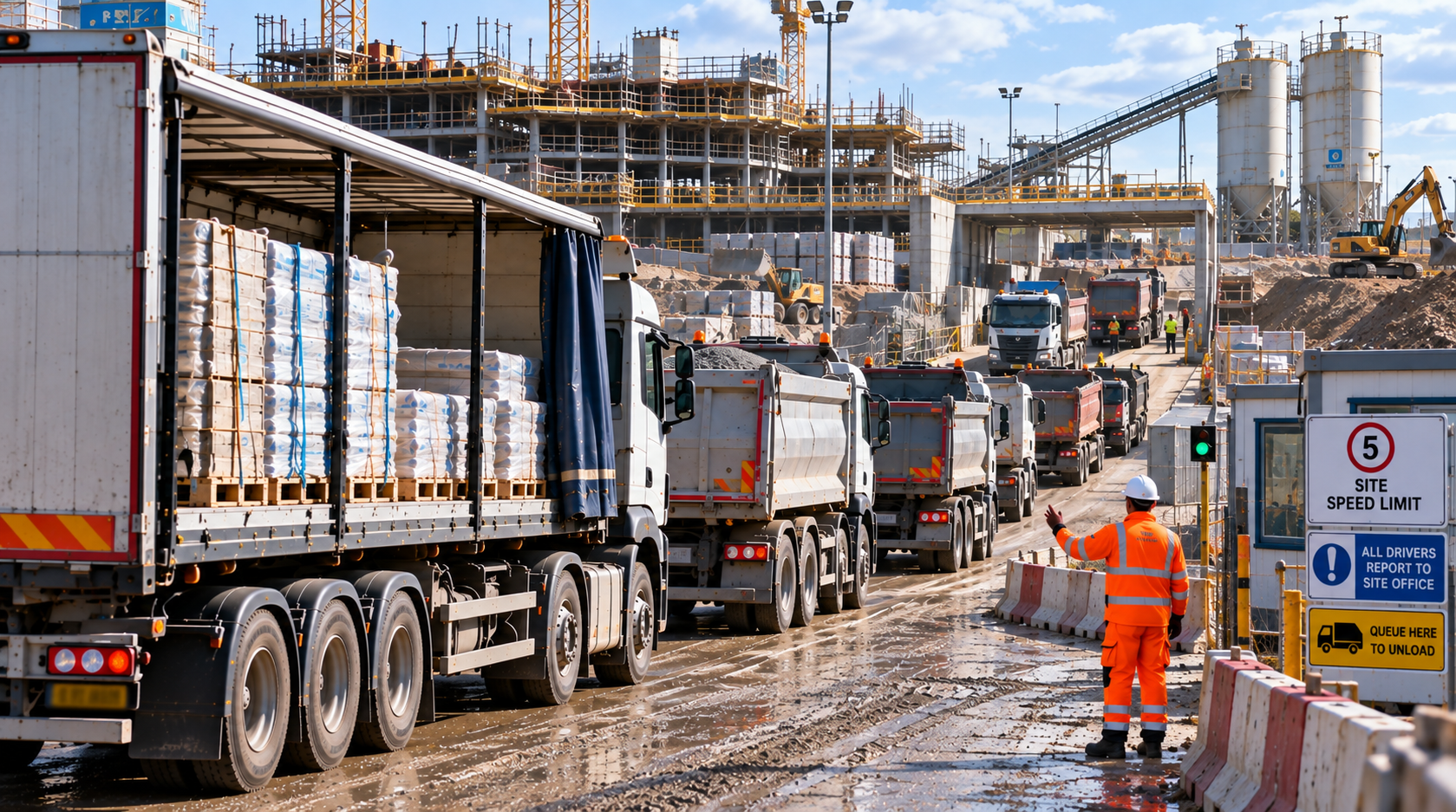 Busy construction site with multiple tipper and building-material delivery trucks