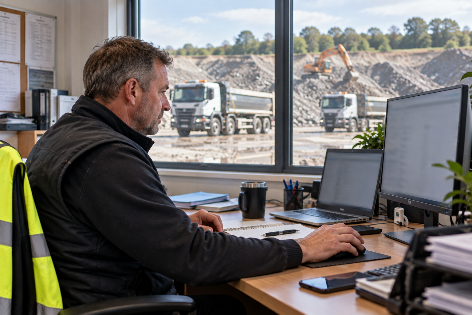Office operator working beside an active quarry