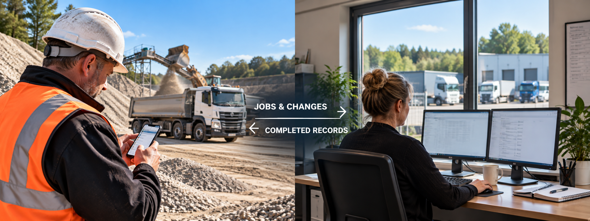 Tipper driver using a phone during quarry work