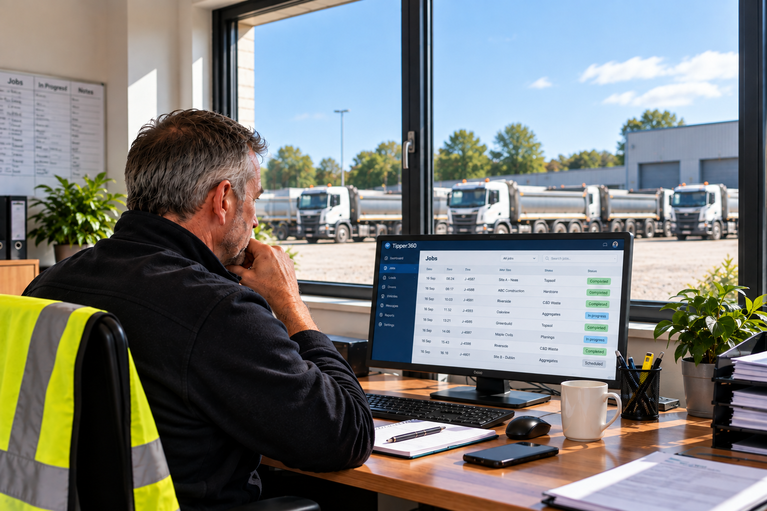 Tipper operator viewing completed loads in the office with trucks working outside