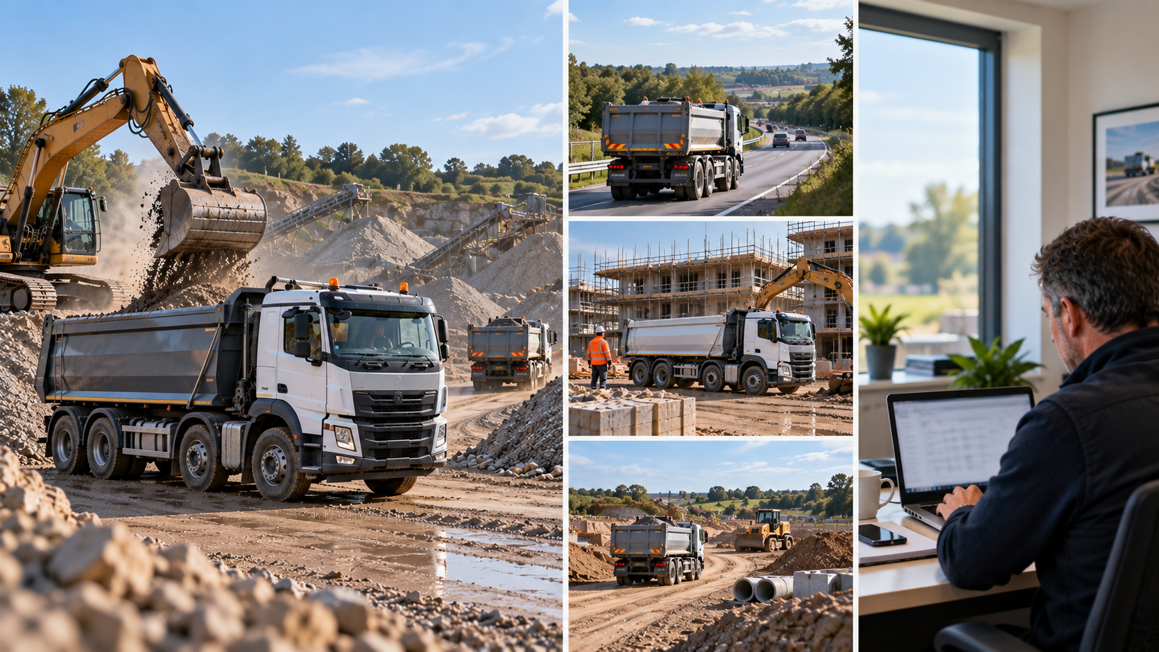 Tipper trucks working across quarry, road and construction jobs while the office manages the day remotely