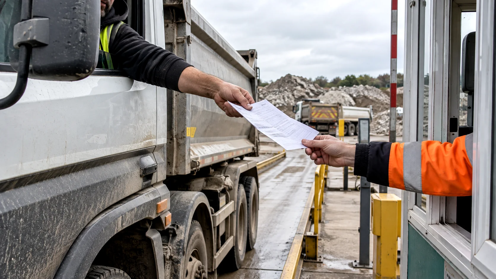 Tipper driver handing a paper docket to a waste facility weighbridge operator