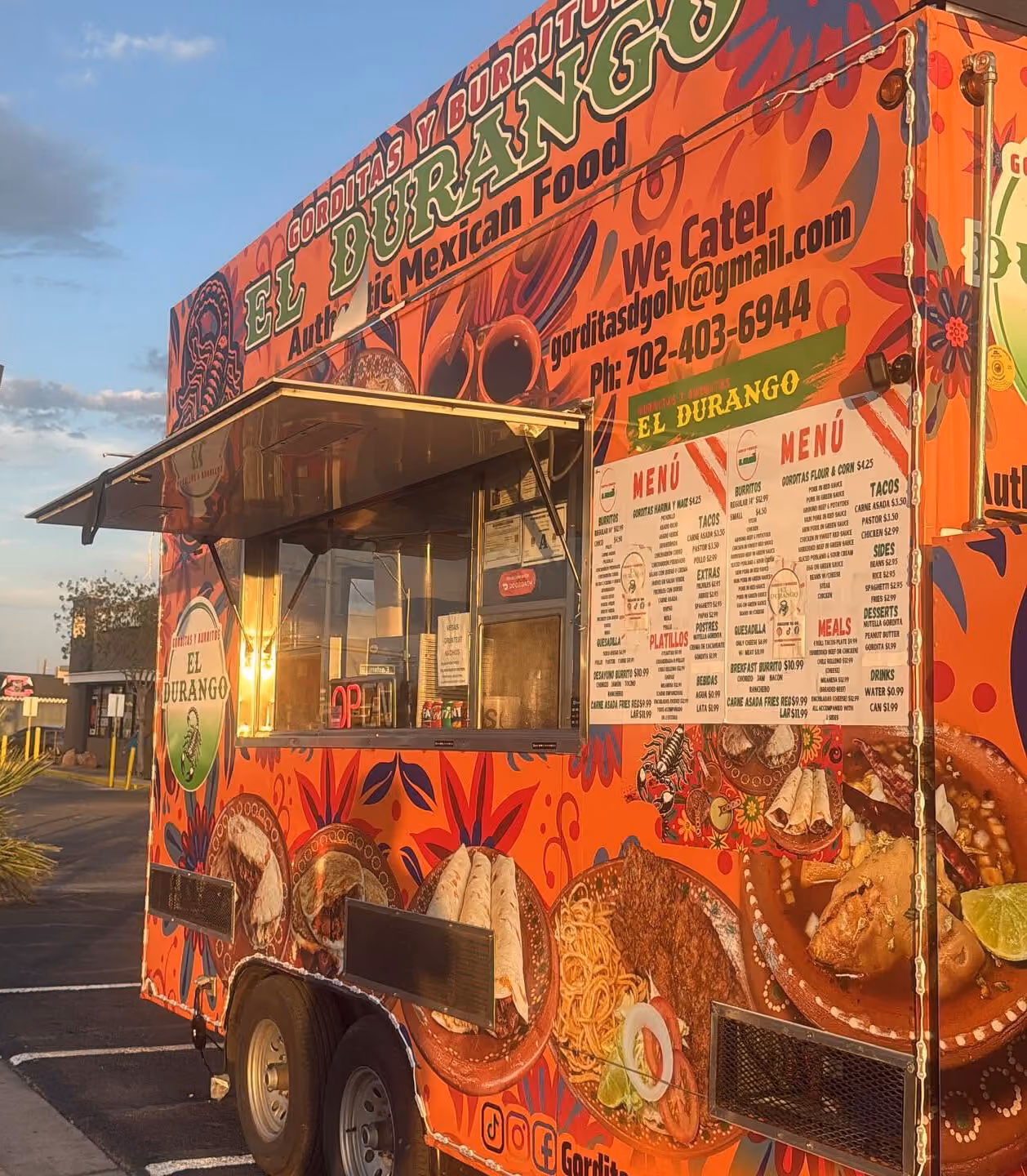 Orange El Durango food truck with Mexican food images, menu, and catering contact info.