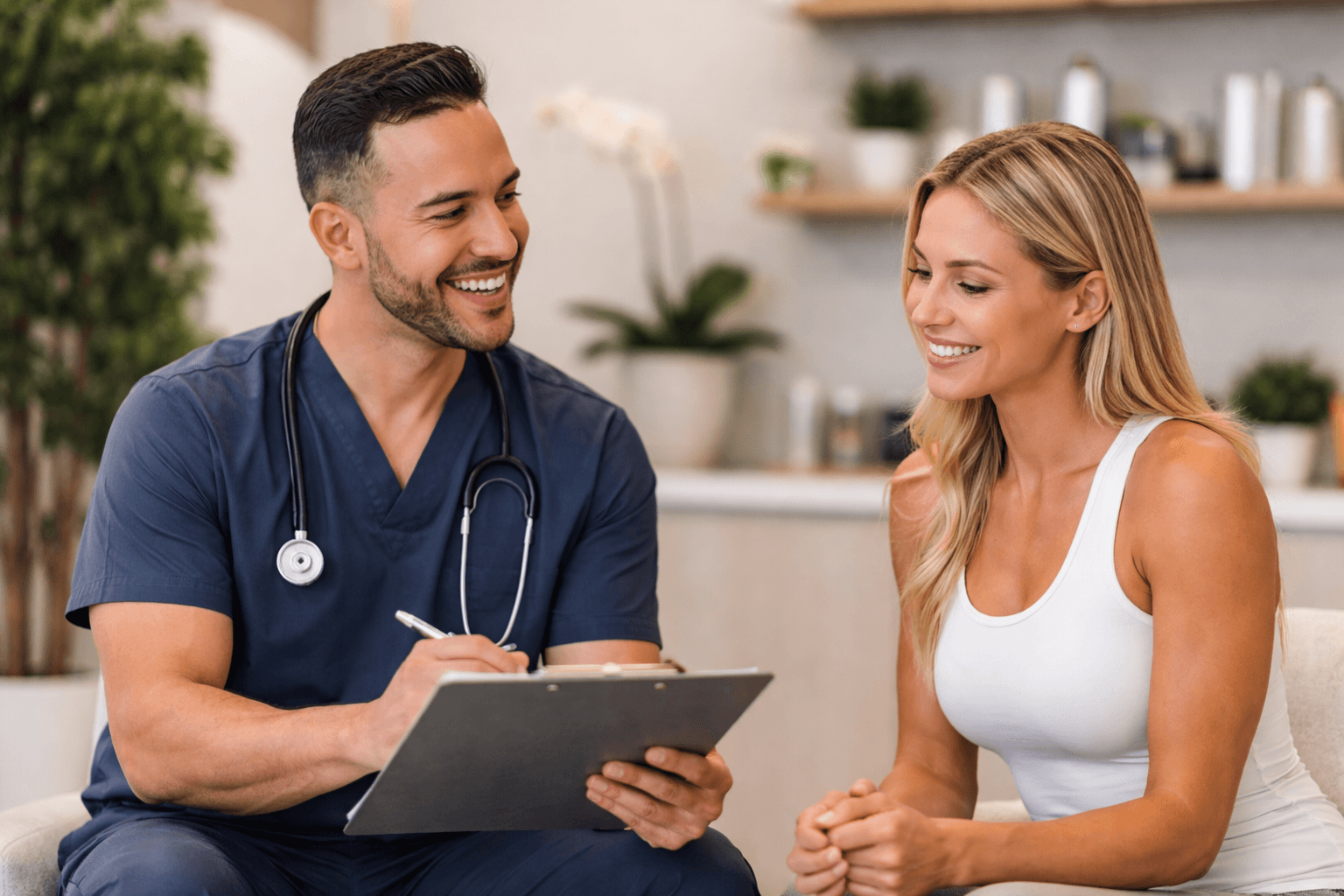 Medical provider consulting with patient about peptide therapy in Doral, Florida for energy and longevity support