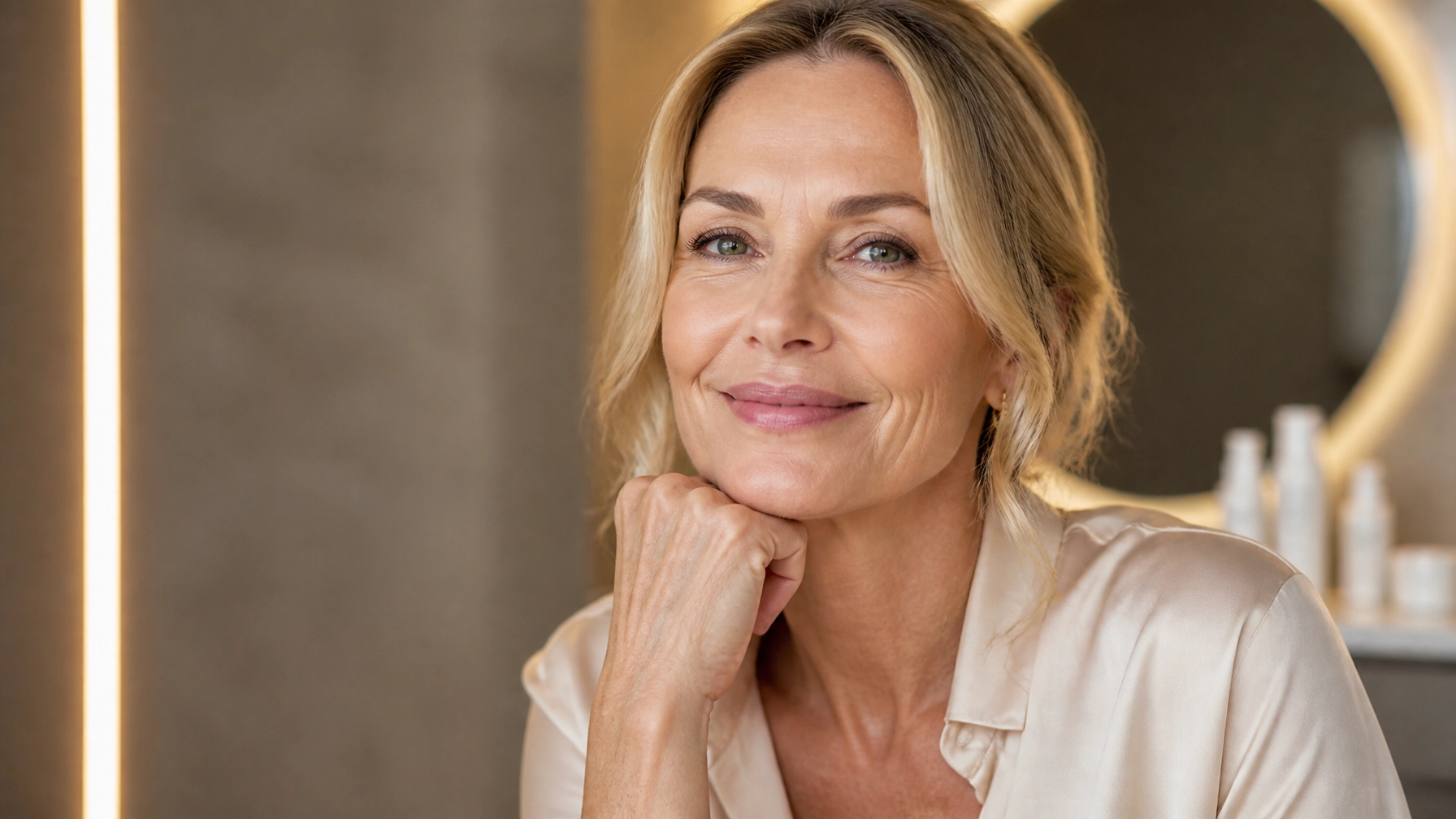 Confident woman in her late 40s to early 50s with naturally radiant mature skin in a refined neutral setting