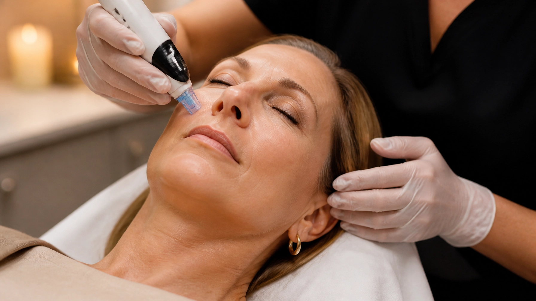 Woman in her 40s or 50s receiving personalized microneedling treatment in a refined aesthetic clinic