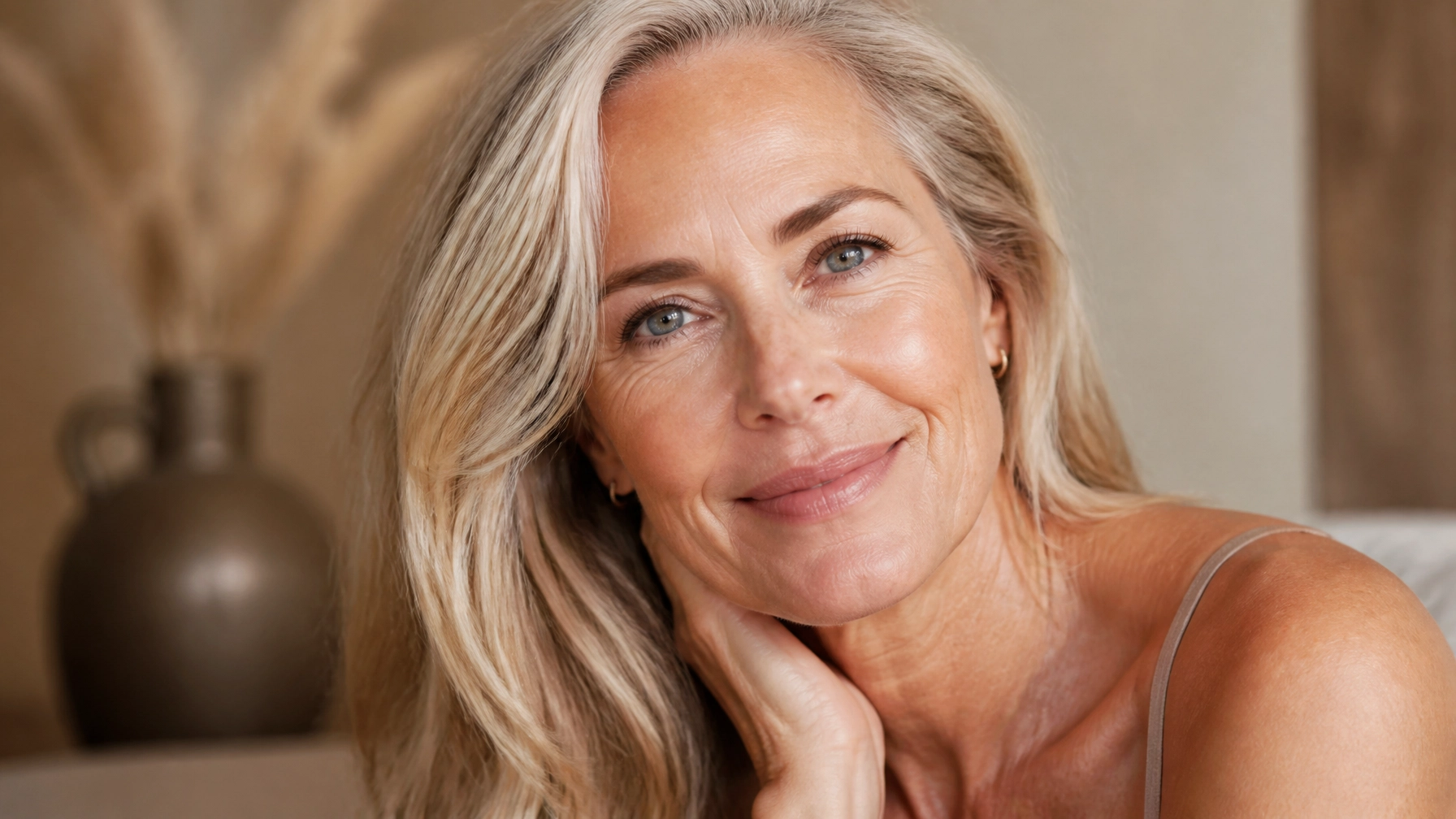 Close-up portrait of a confident woman in her 50s highlighting healthy, natural-looking mature skin