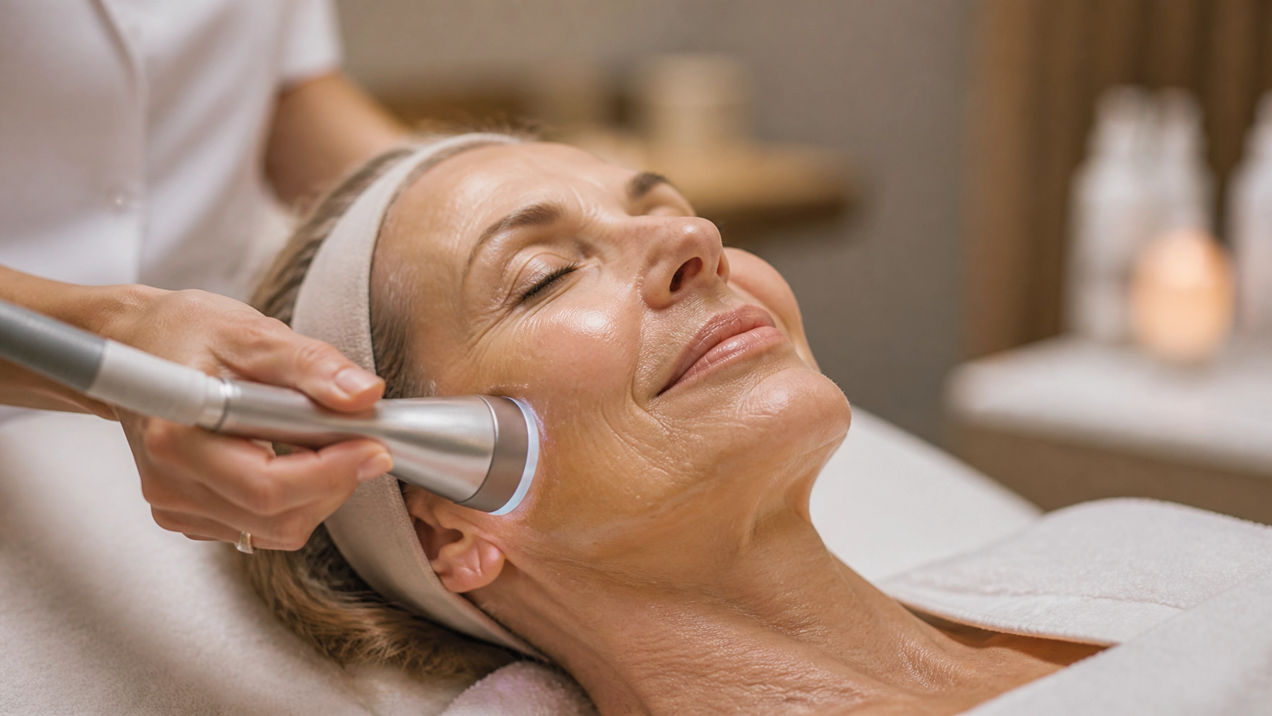 Woman in her late 40s to 50s receiving a tailored professional facial in a luxury wellness clinic