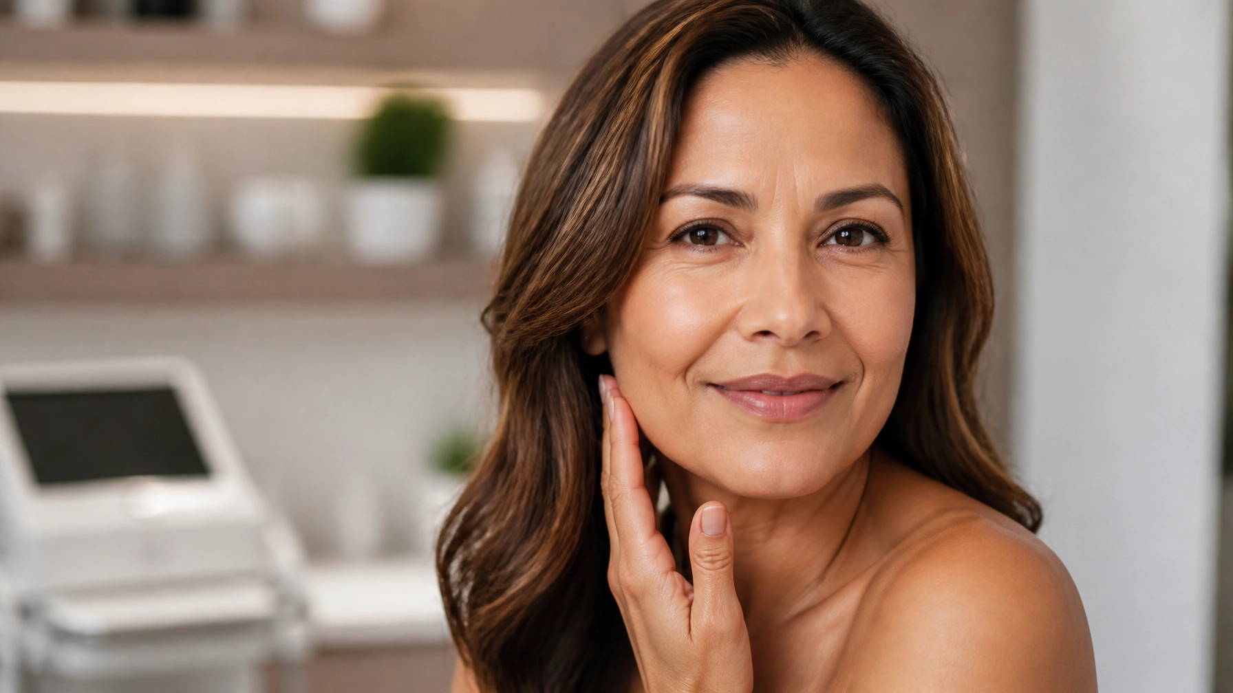 Realistic Hispanic woman in her 40s or 50s with natural skin texture and a refined luxury wellness aesthetic