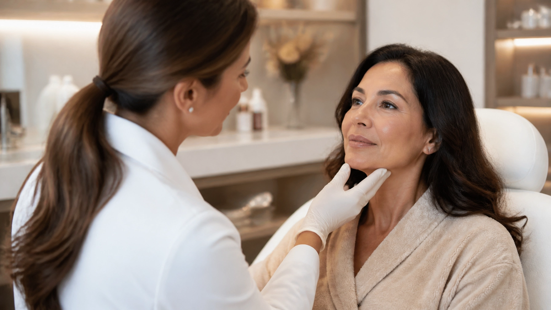 Realistic Hispanic woman in her 40s or 50s in a calm professional aesthetic treatment setting with a refined luxury wellness look