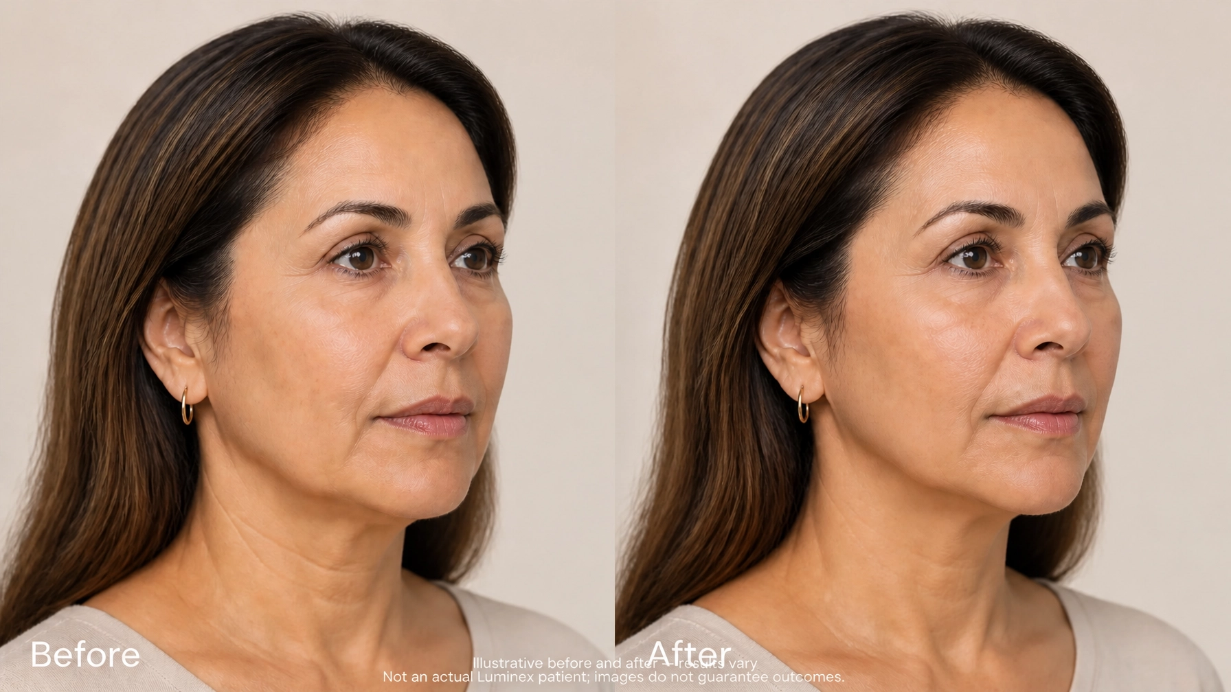 Illustrative before and after comparison of the same Hispanic woman in her 40s or 50s showing more noticeable yet realistic lower-face contour improvement, reduced appearance of jowling, and better jawline definition; results vary and images do not guarantee outcomes