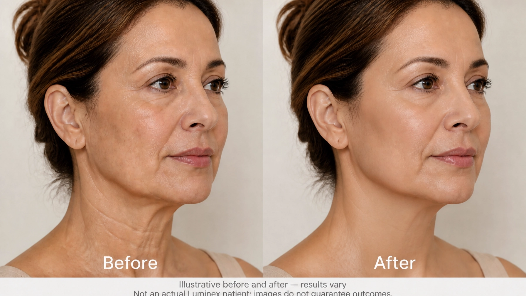 Illustrative before and after comparison of the same Hispanic woman in her 40s or 50s showing more noticeable yet realistic improvement in neck firmness, smoother-looking skin, and better facial contour; results vary and images do not guarantee outcomes
