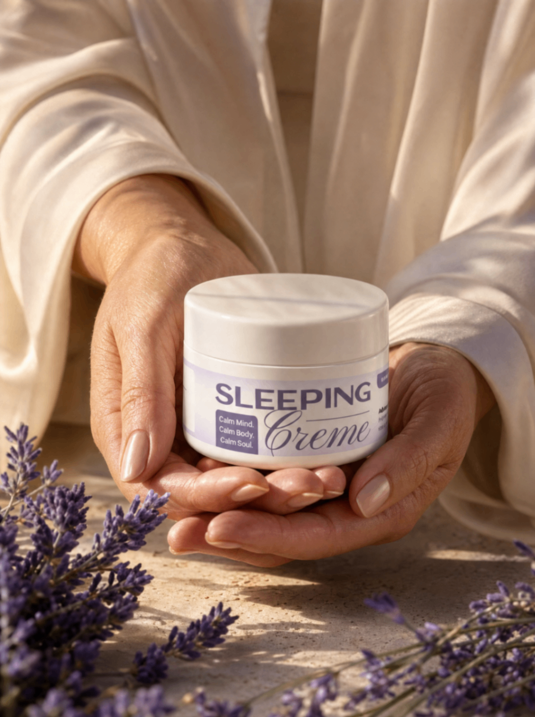 Founder holding Luminex Sleeping Cream in a polished lifestyle portrait
