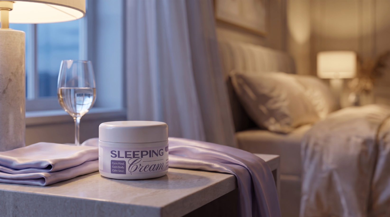 Bedtime nightstand scene with Luminex Sleeping Cream styled in a calm evening setting
