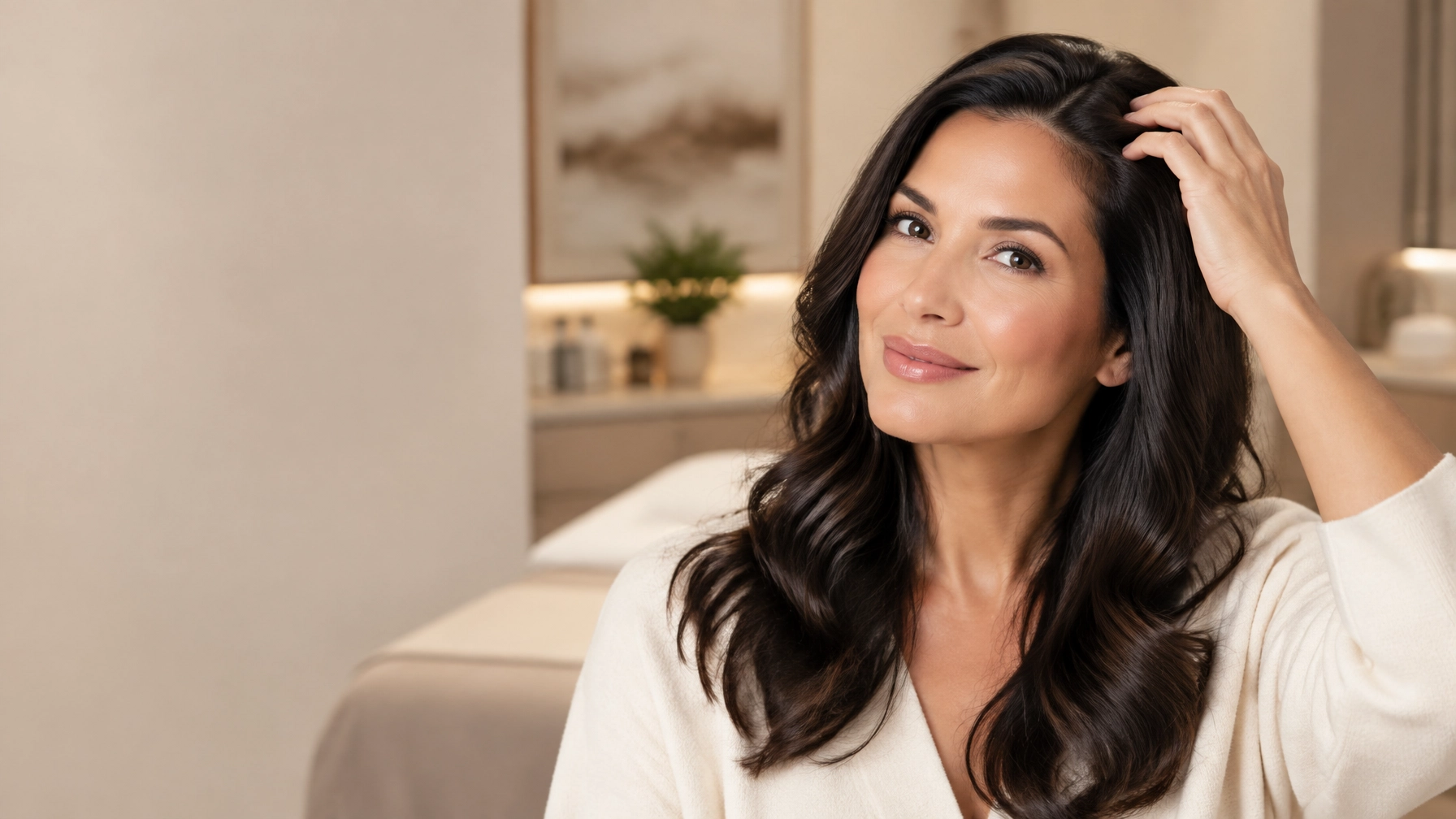 Confident Hispanic woman with healthy hair in a premium wellness clinic setting
