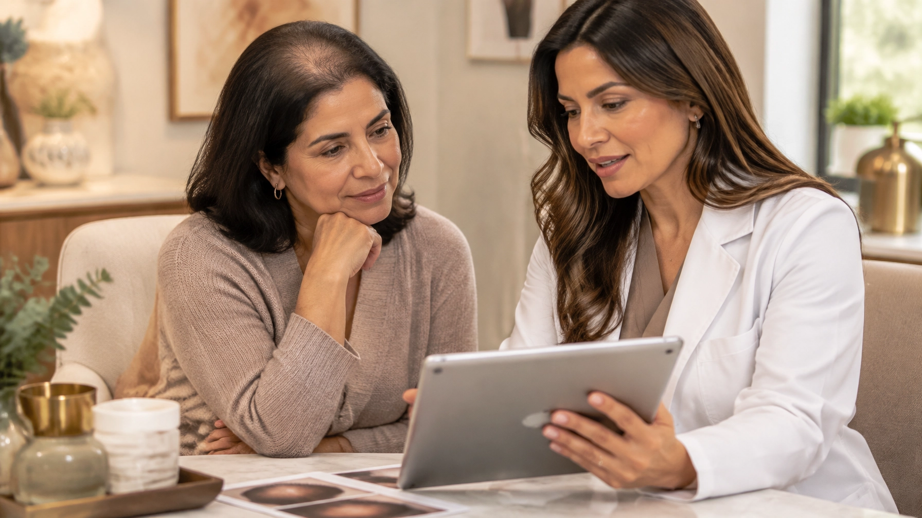 Woman discussing a personalized hair-loss evaluation and laboratory results with a clinician