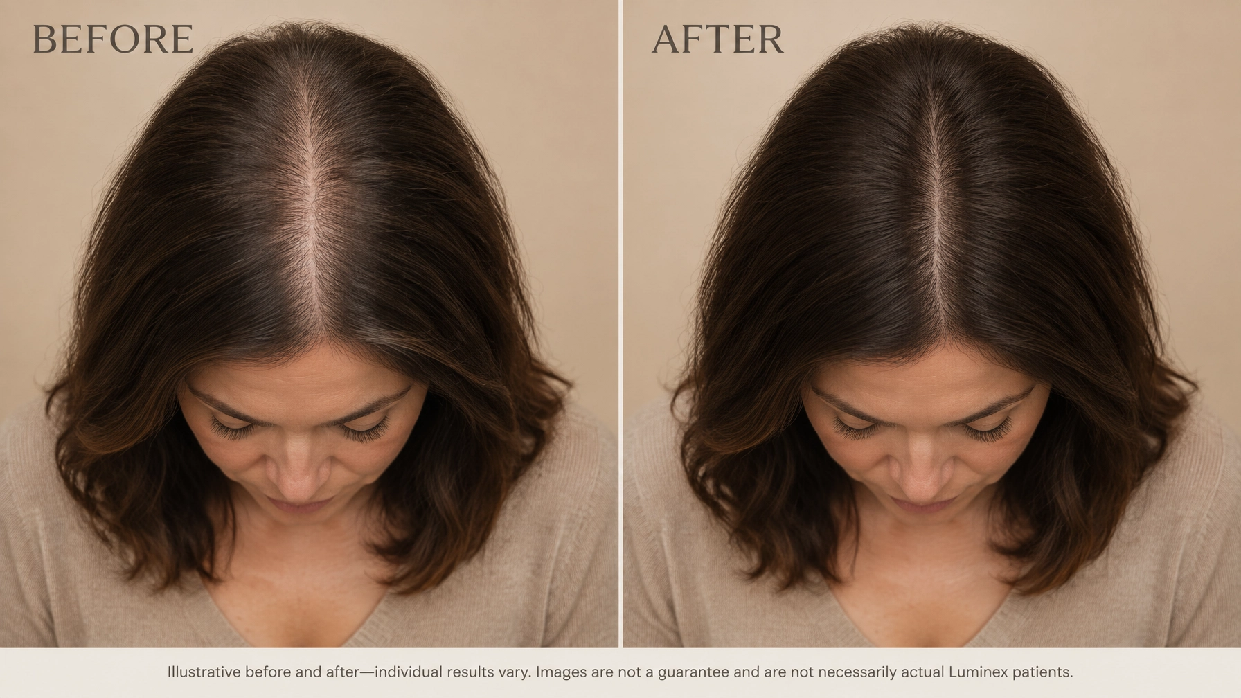 Illustrative before-and-after comparison showing diffuse scalp thinning and a widening part before, followed by fuller-looking coverage after
