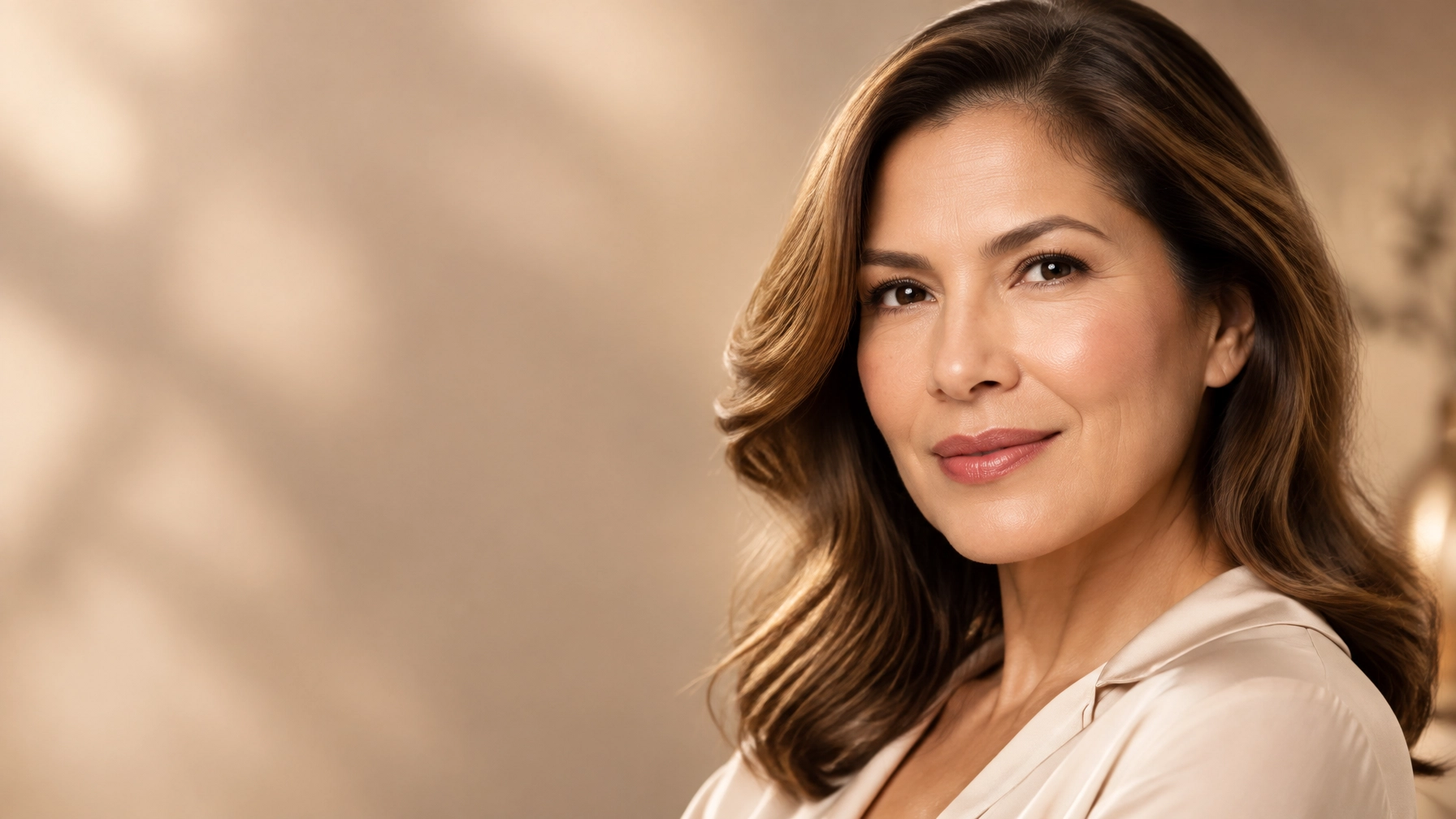 Confident Hispanic woman in her 40s with natural-looking skin and softly defined facial contours