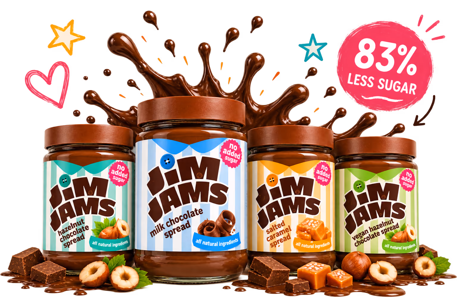 Image of all the Jim Jams Jars -  Jim Jams The Healthier Chocolate Spread