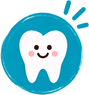 Smiling cartoon tooth with rosy cheeks inside a teal circle with three blue lines radiating from the top right, symbolizing shine or sparkle.