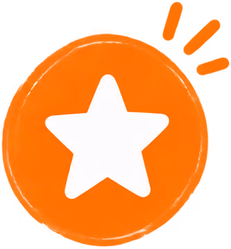 White star shape centered on an orange circular background with three orange lines radiating from the top right.