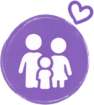 White icon of a family with two adults and one child inside a purple circle with a purple and white heart in the top right corner.