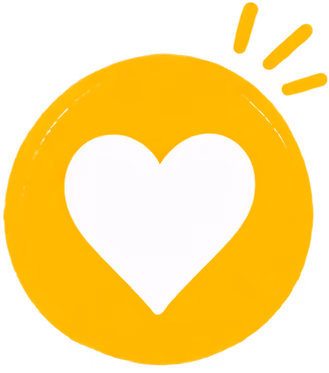 White heart icon inside a round yellow circle with three small yellow lines radiating from the top right.